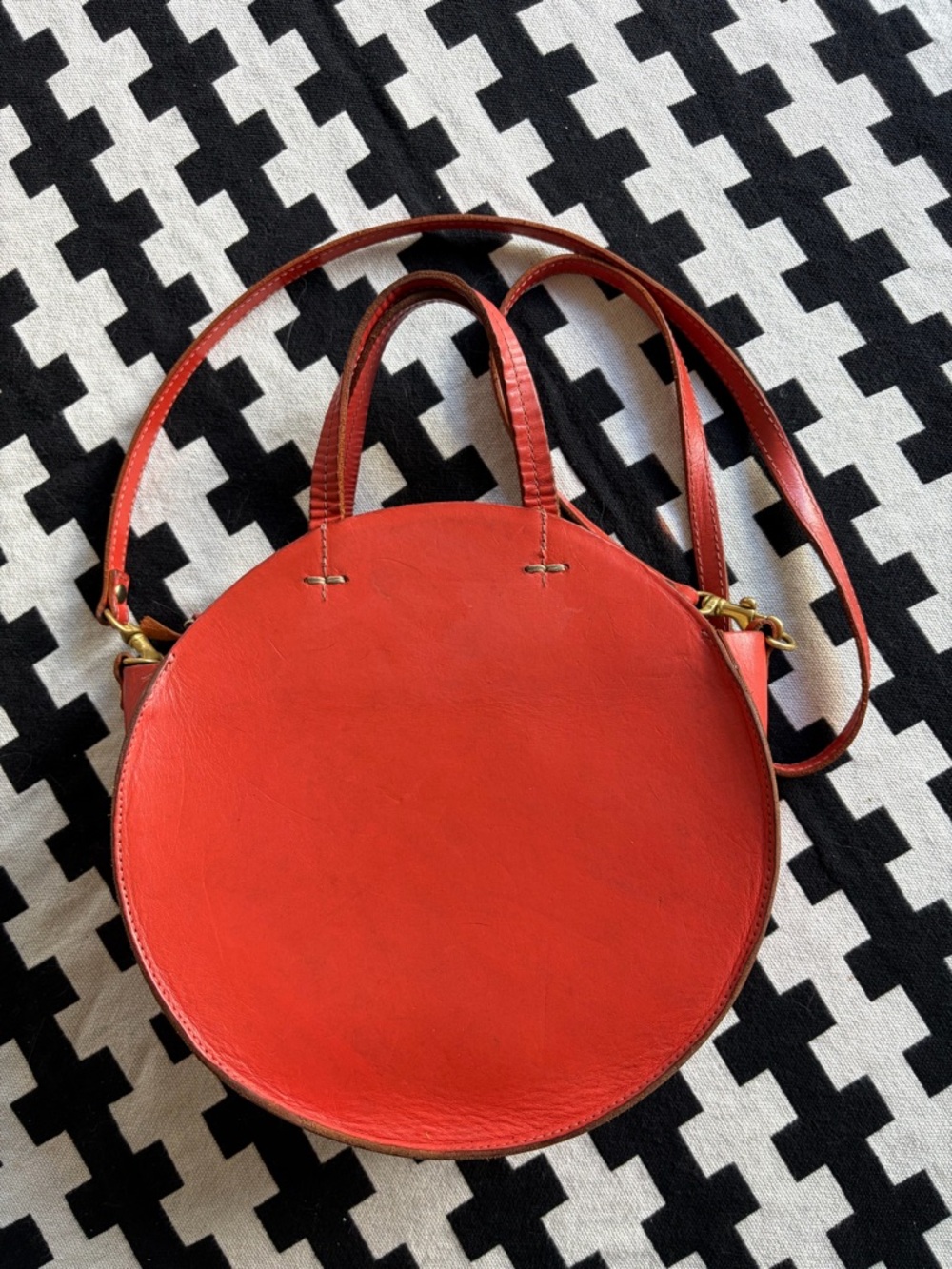 Clare V. Round Red Leather Crossbody Bag with Top Handles and Adjustable Strap
